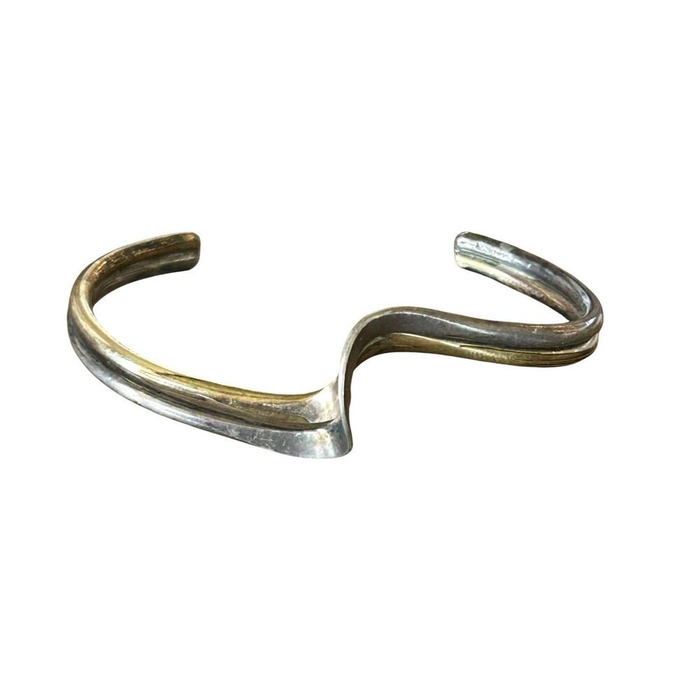 Vintage Sterling Silver 925 & Copper & Brass Tri-Color Wave Twist Cuff Bracelet